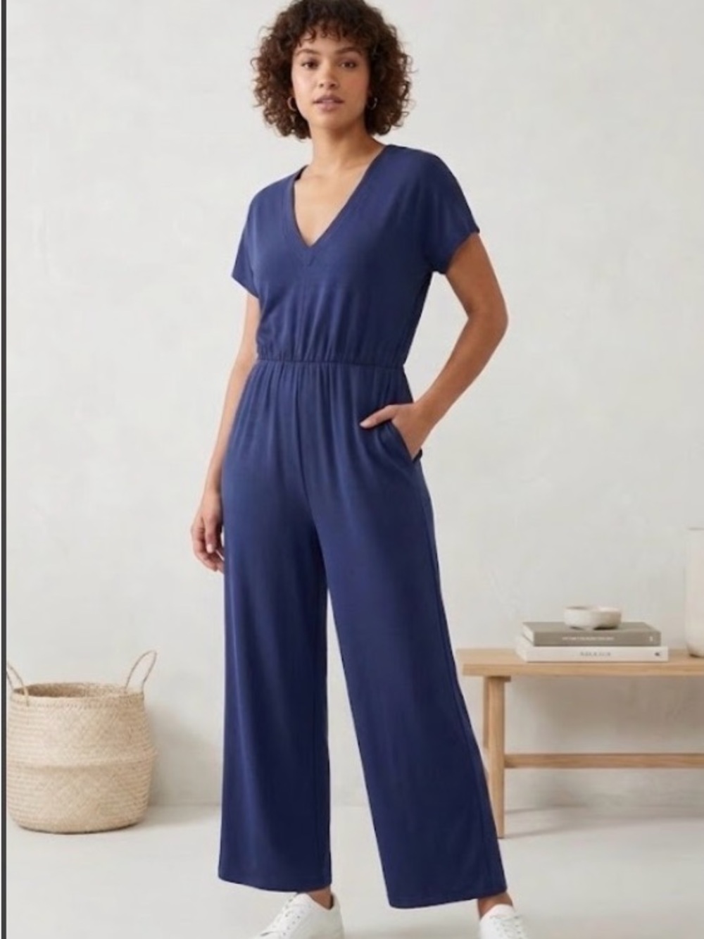 Anybody V-Neck Wide-Leg Jumpsuit in Navy